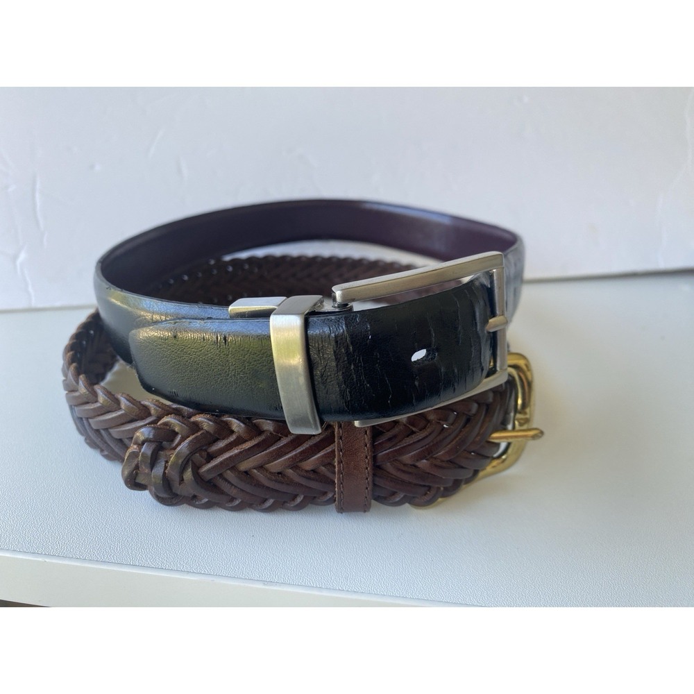 Lot of 2 Kids Genuine Leather Belts Size 22 Woven Braided Brown & Black